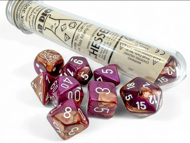 Chessex Lab Dice 9: Gemini Copper-Purple/white Polyhedral 7-Die Set (with bonus die)