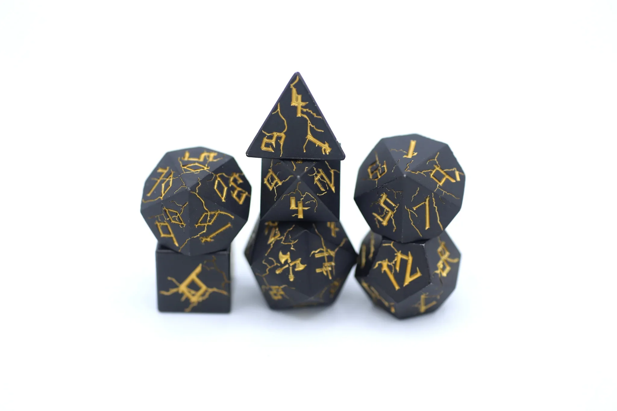 HYMGHO - Barbarian Solid Metal Polyhedral Dice Set - Matt Black with Gold