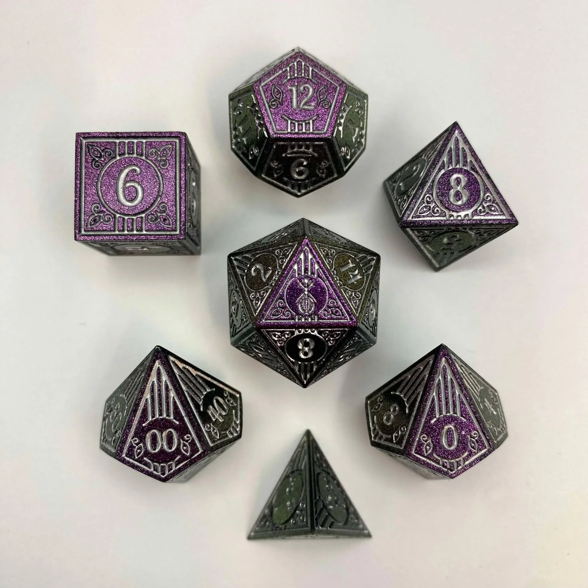 HYMGHO - Solid Metal Bard RPG Dice Set - Glitter Purple w/Silver