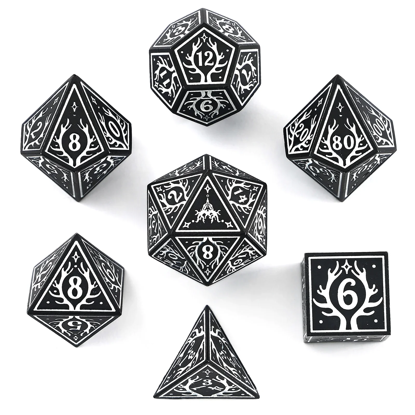 HYMGHO - Solid Metal Druid RPG Dice Set - Black w/White