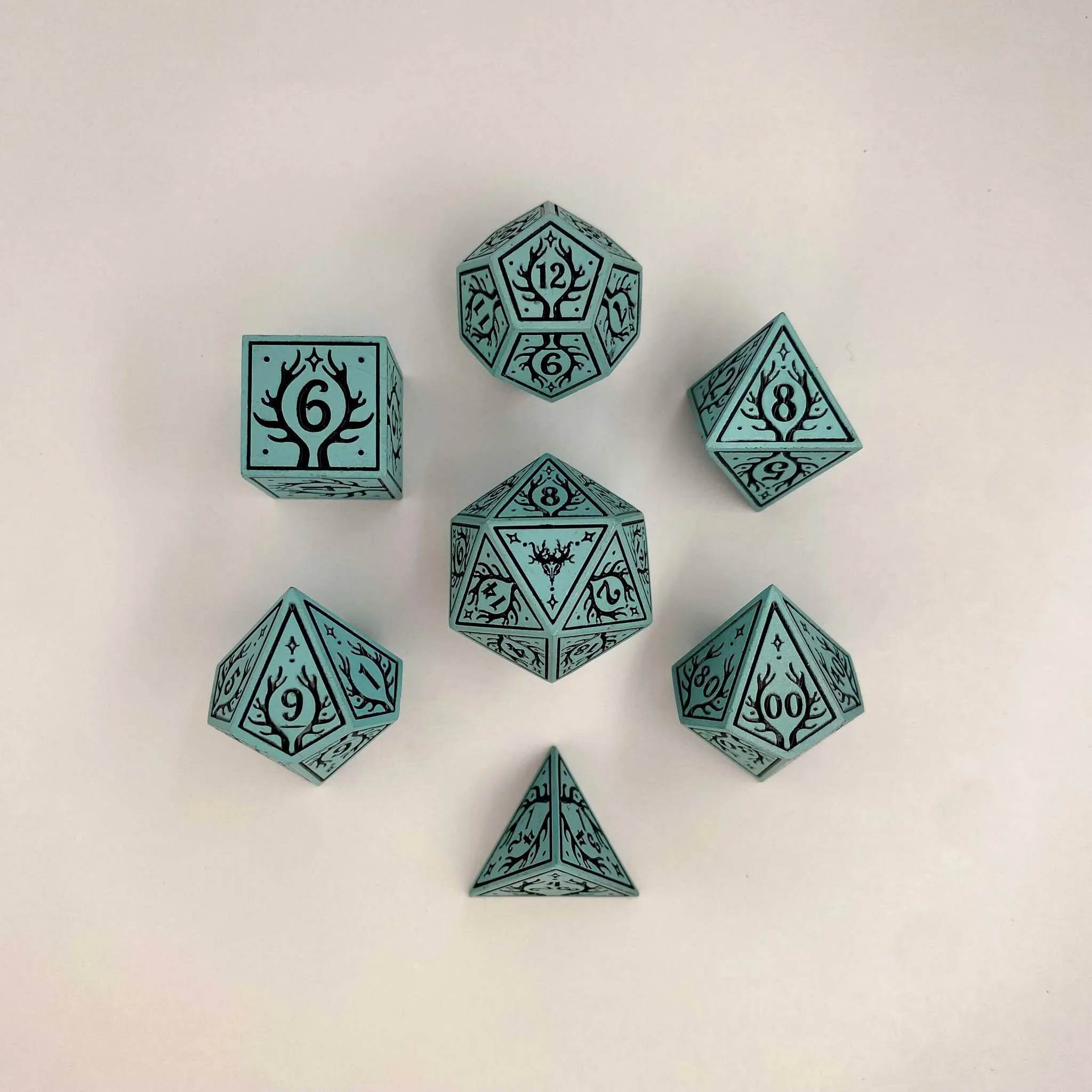 HYMGHO - Solid Metal Druid RPG Dice Set - Pale Cyan w/Black