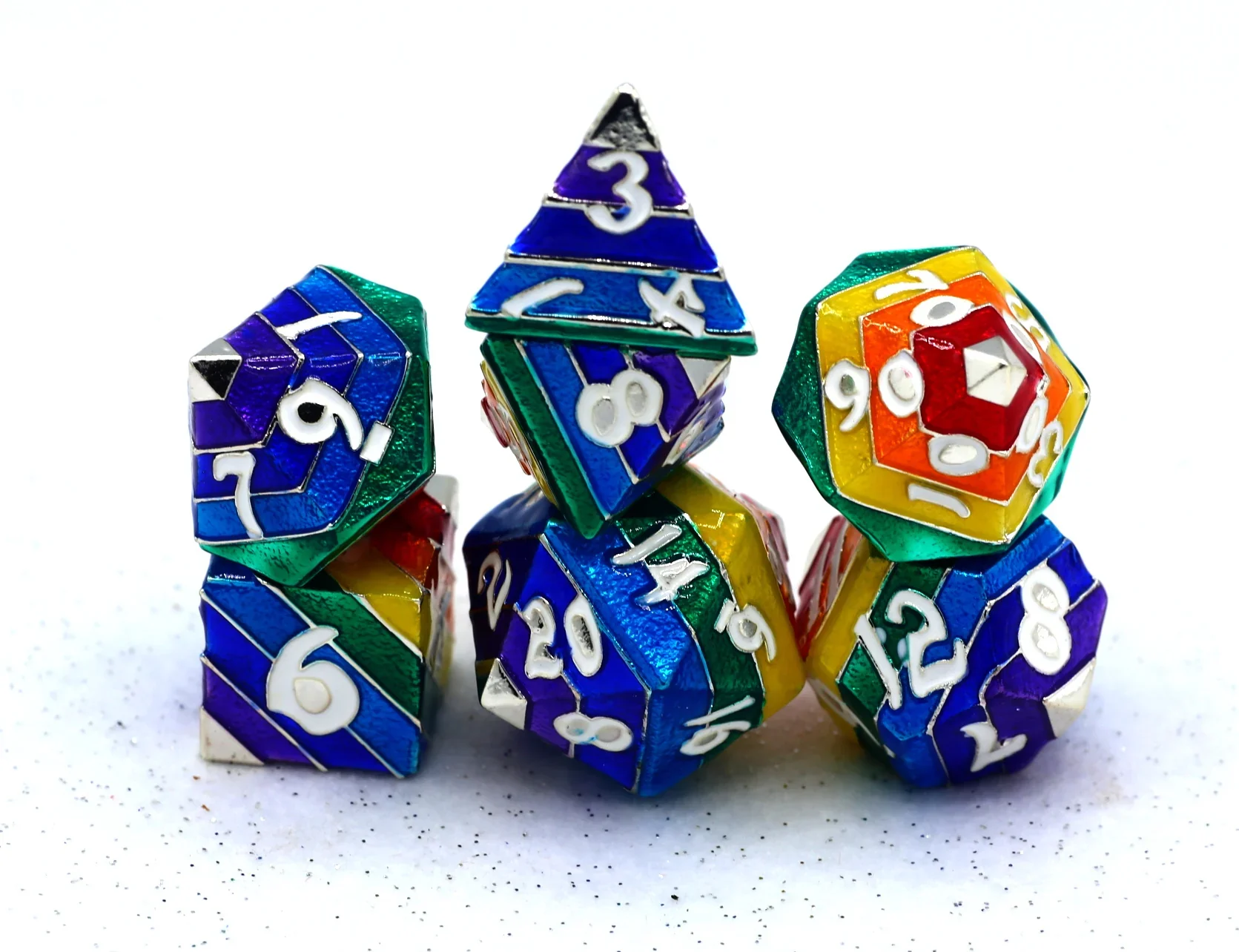HYMGHO - Solid Metal Rainbow Pride Dice Set - Silver with White Lettering