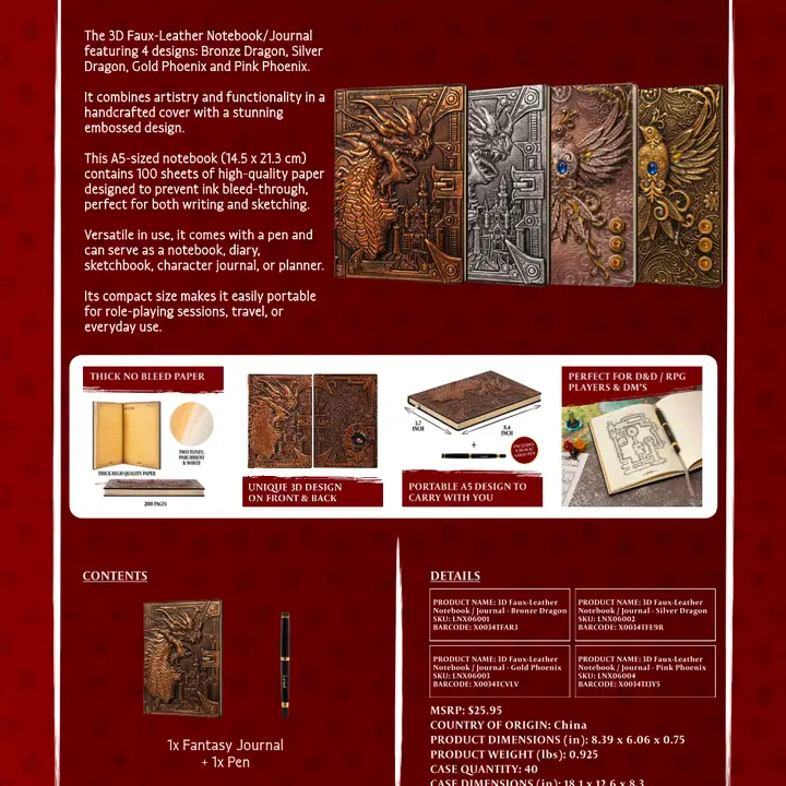 QMDirect 3D Faux-Leather Notebook / Journal - Gold Phoenix - Image 6