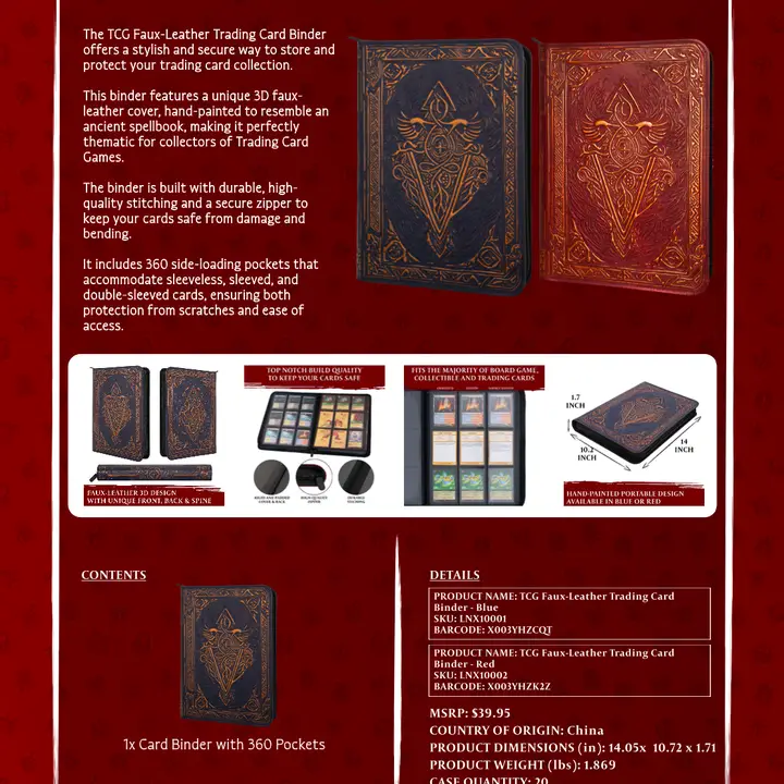 QMDirect TCG Faux-Leather Trading Card Binder - Red - Image 3
